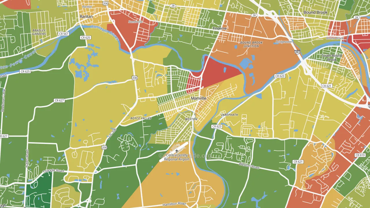 Manville, NJ Map of Robbery Rates