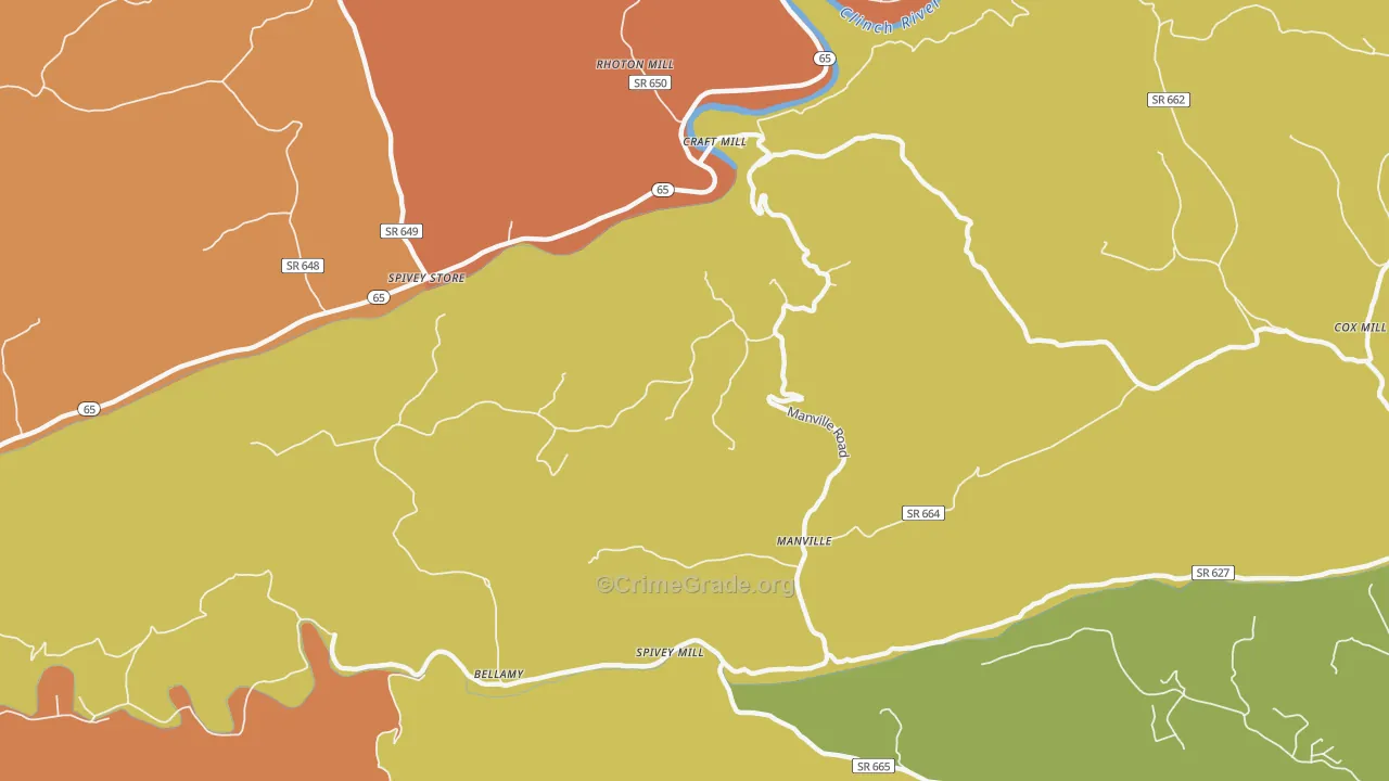 Manville, VA Map of Robbery Rates