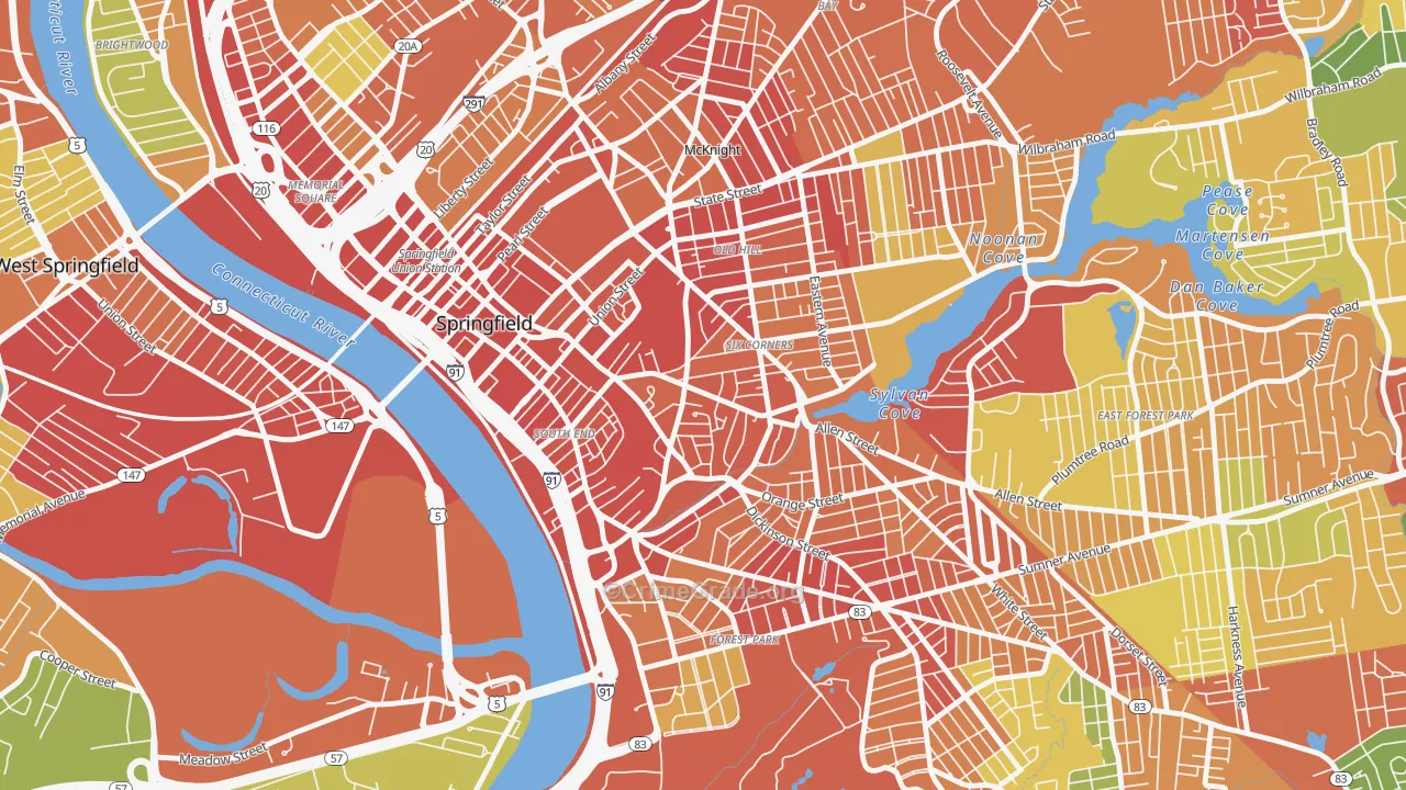 Maple High-Six Corners, Springfield, MA Map of Robbery Rates