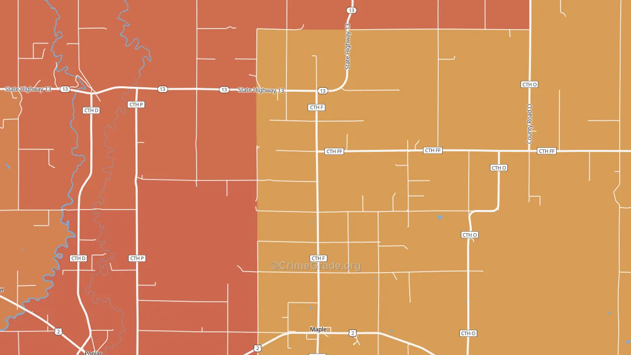 Maple, WI Map of Robbery Rates