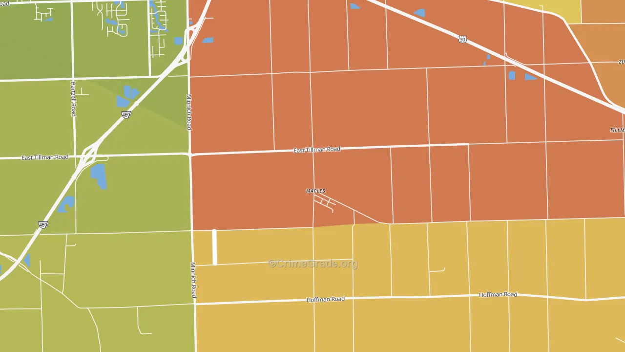 Maples, IN Map of Robbery Rates