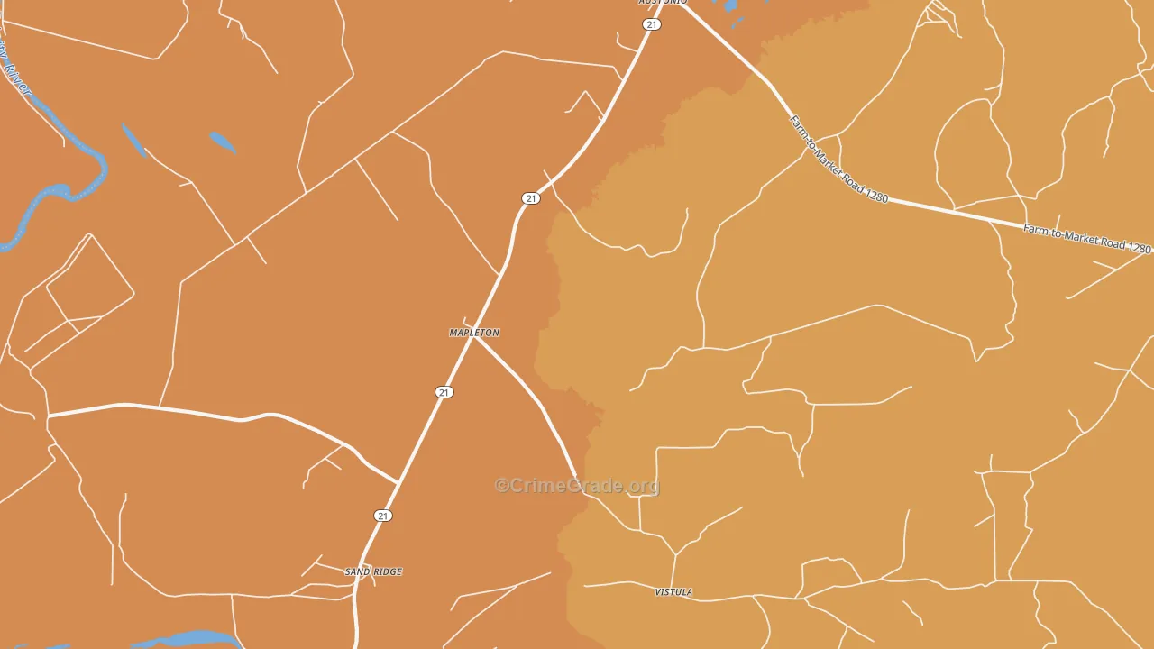 Mapleton, TX Map of Robbery Rates