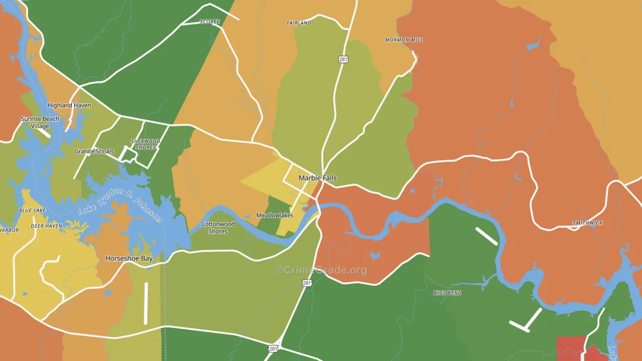Marble Falls, TX Map of Robbery Rates