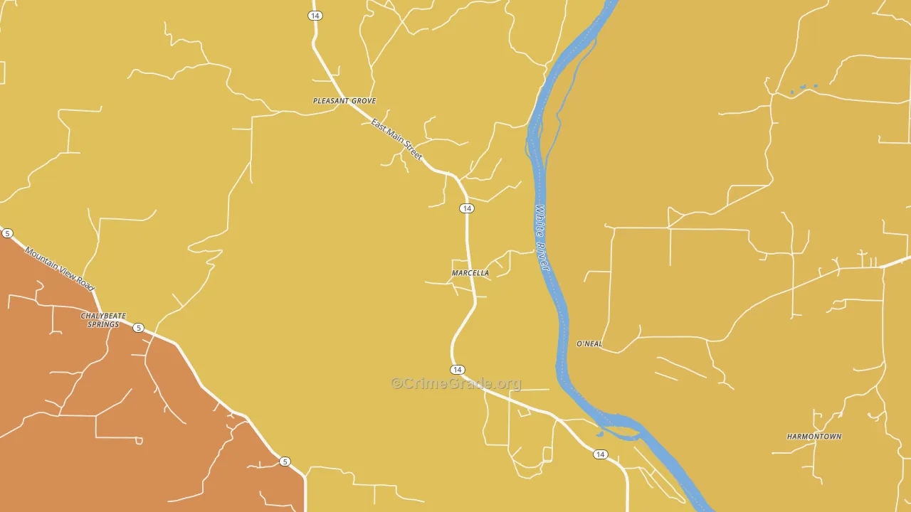 Marcella, AR Map of Robbery Rates