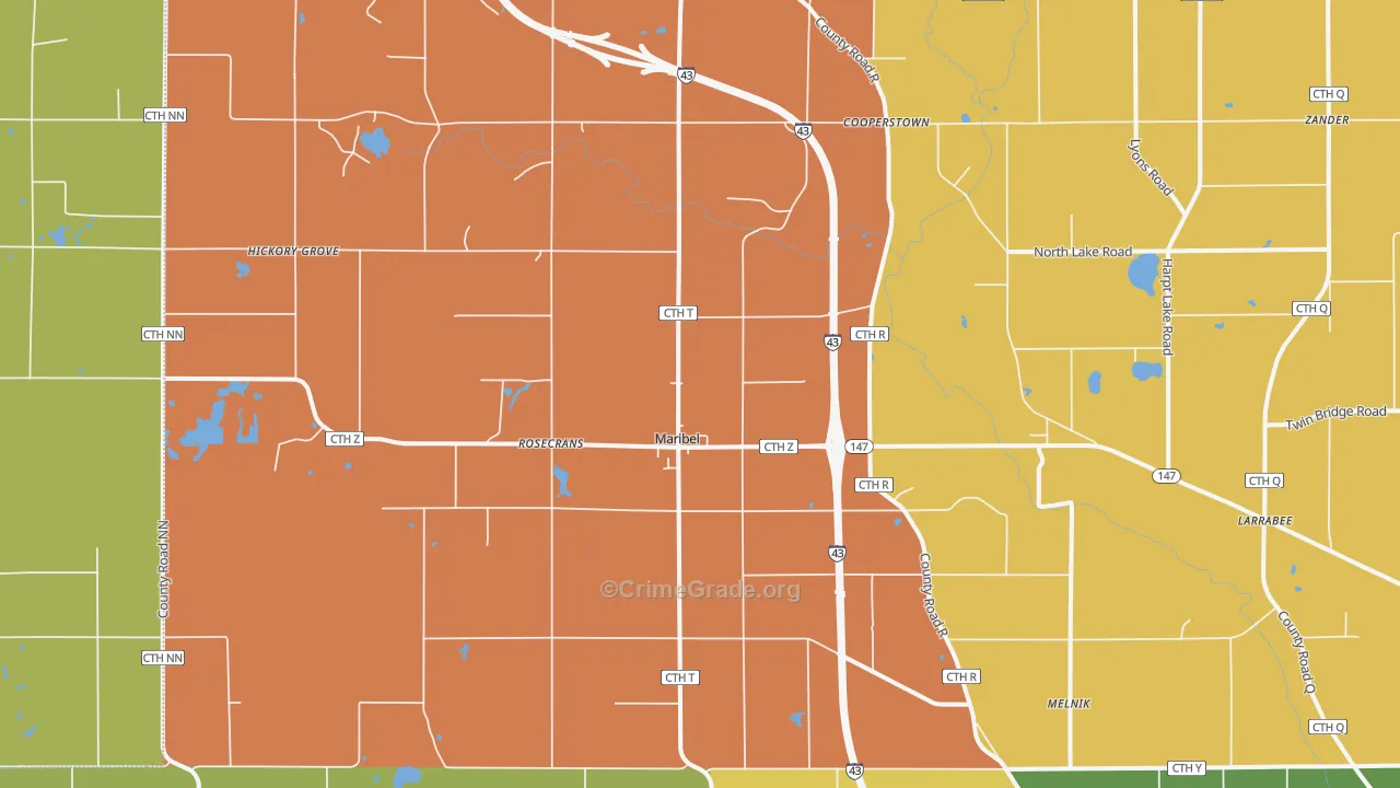 Maribel, WI Map of Robbery Rates