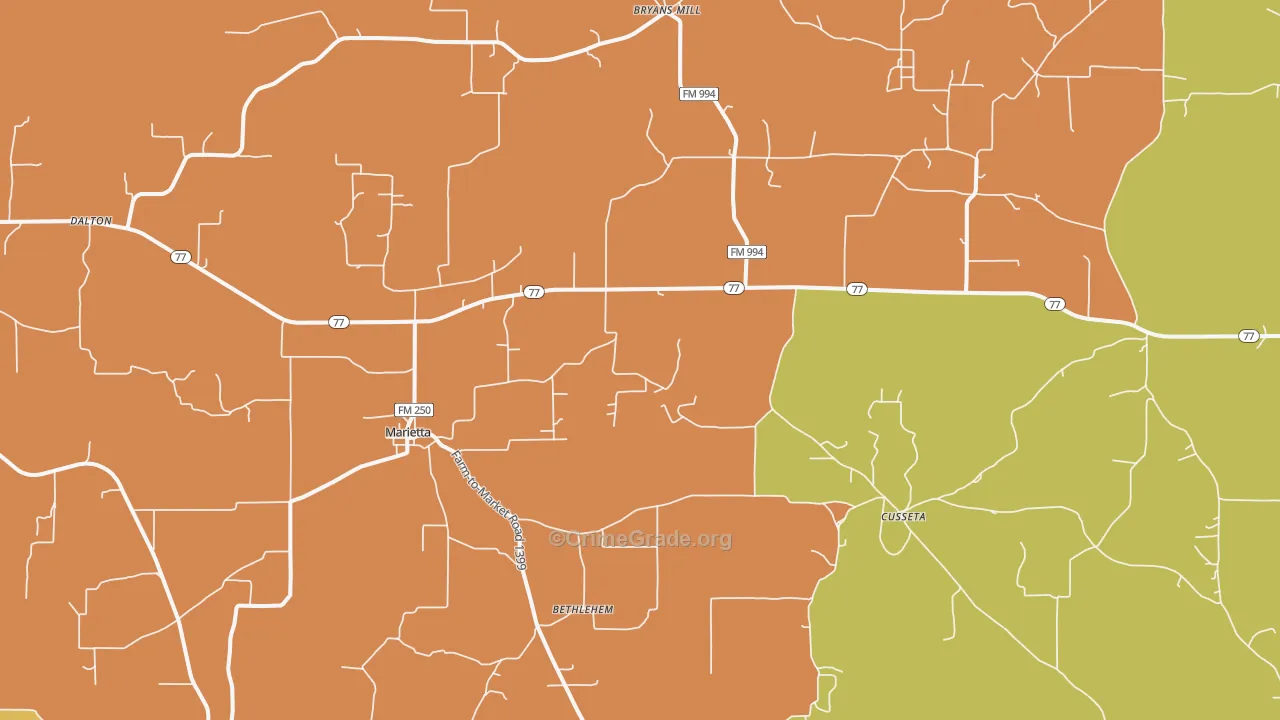 Marietta, TX Map of Robbery Rates