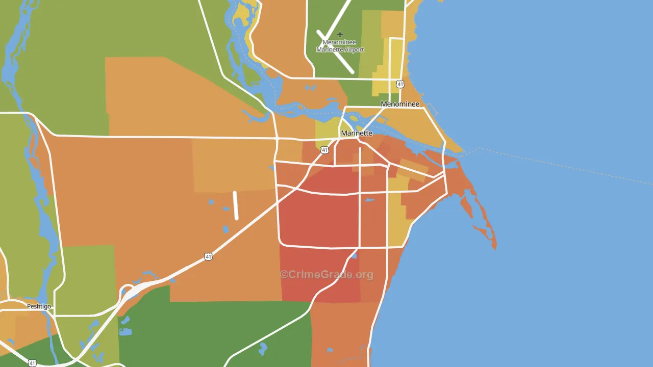 Marinette, WI Map of Robbery Rates