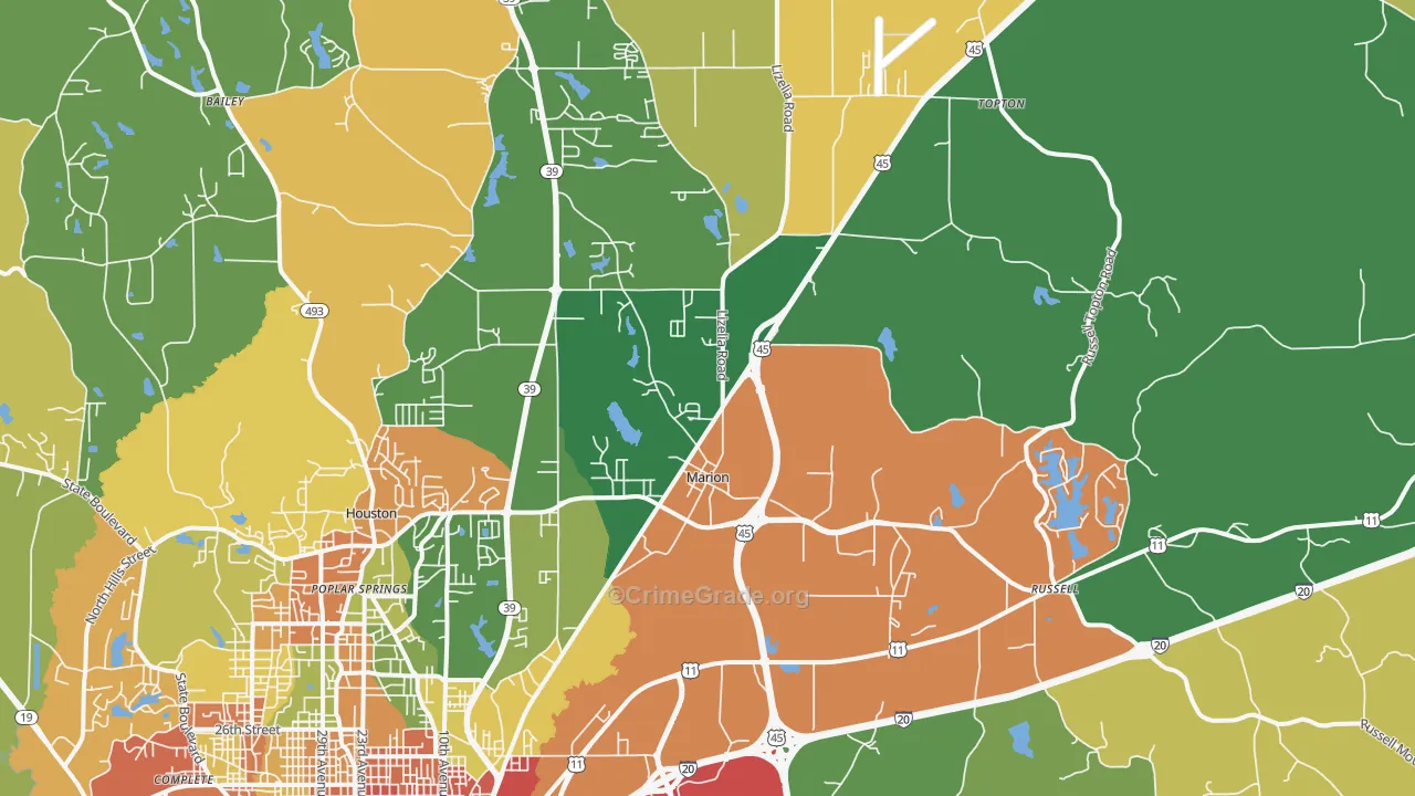 Marion, MS Map of Robbery Rates