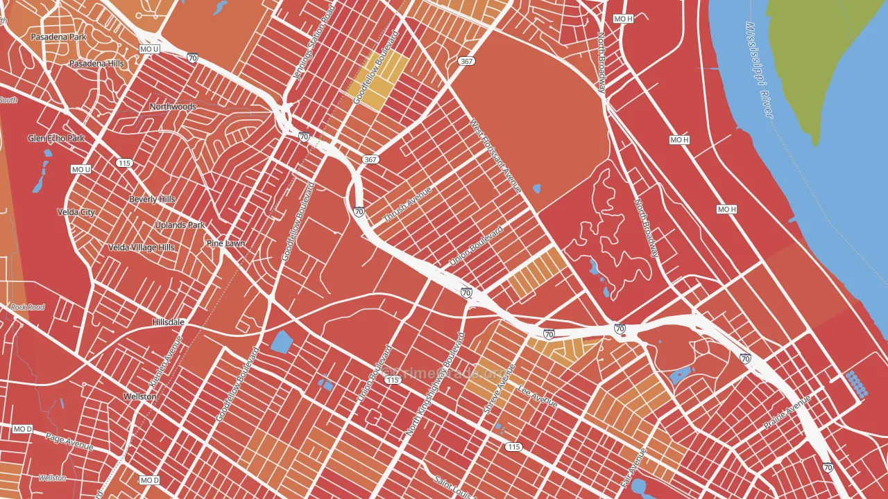 Mark Twain, St. Louis, MO Map of Robbery Rates