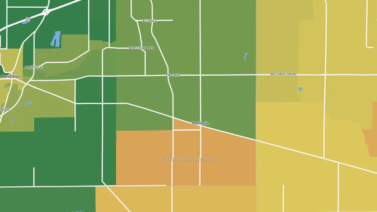 Markleville, IN Map of Robbery Rates