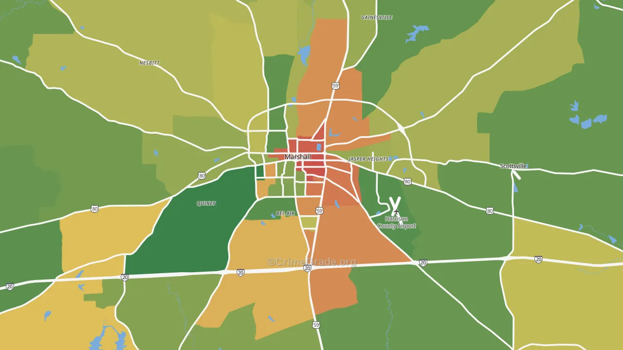 Marshall, TX Map of Robbery Rates