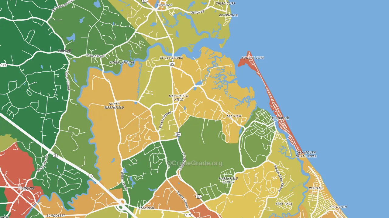 Marshfield Hills, MA Map of Robbery Rates
