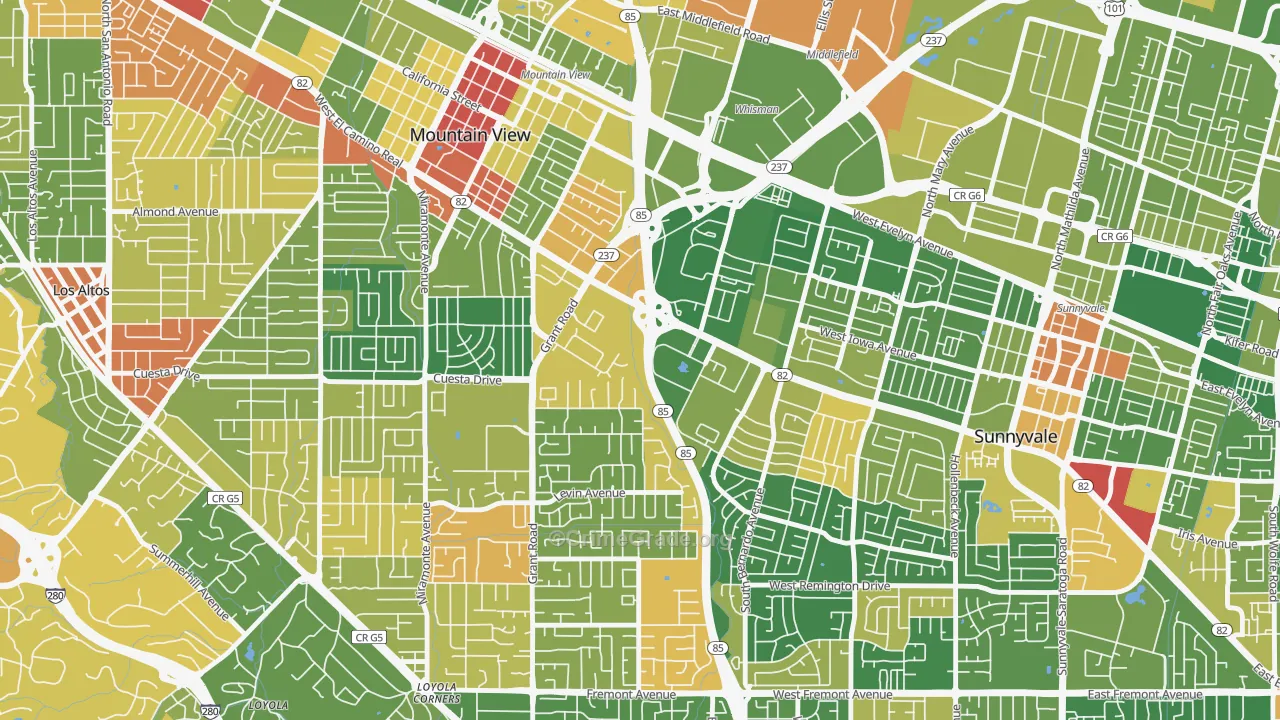 Martens-Carmelita, Mountain View, CA Map of Robbery Rates