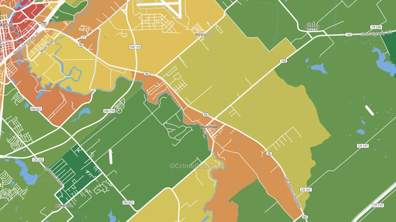 Martindale, TX Map of Robbery Rates
