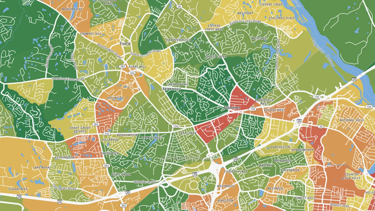 Martinez, GA Map of Robbery Rates