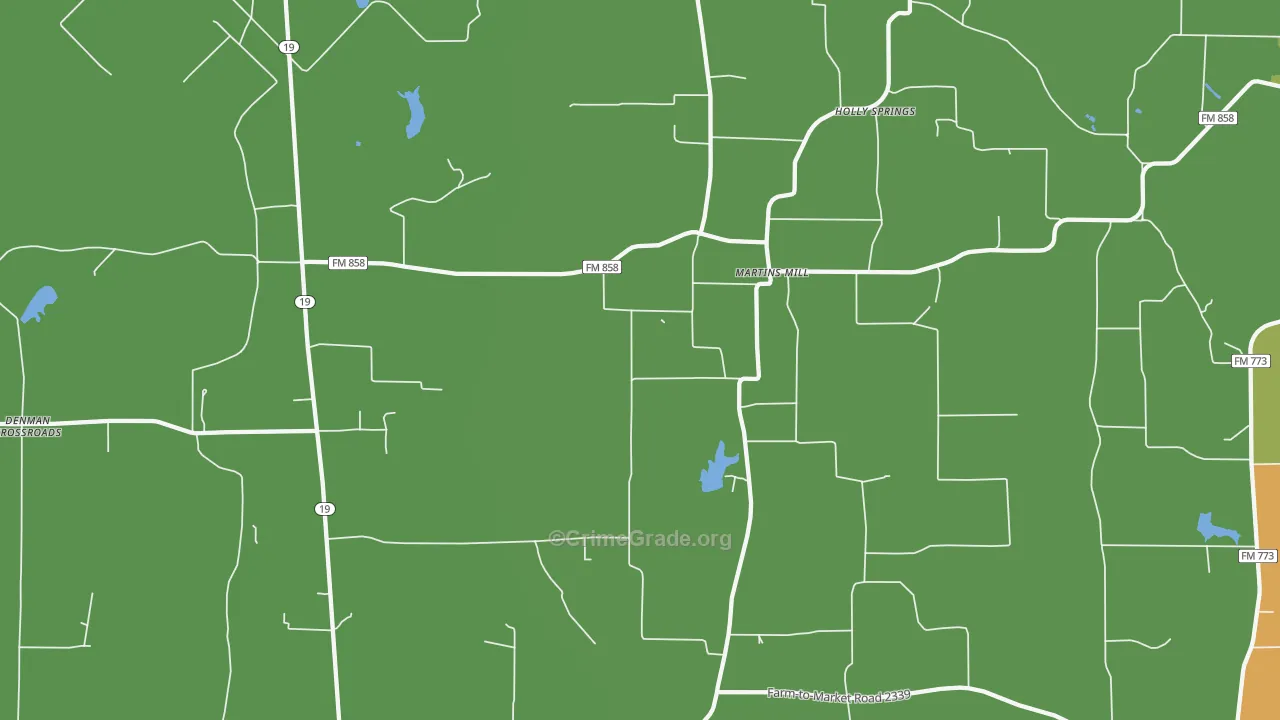 Martins Mill, TX Map of Robbery Rates