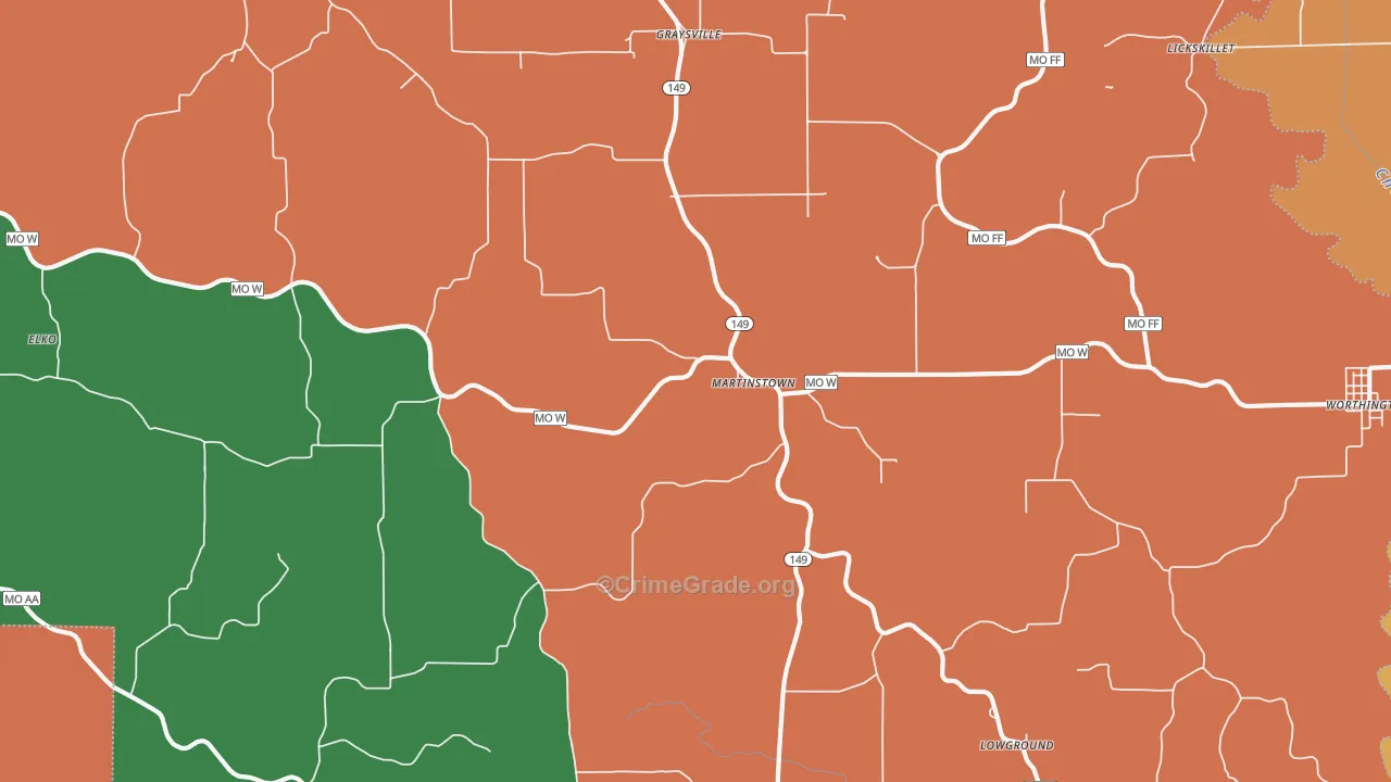 Martinstown, MO Map of Robbery Rates