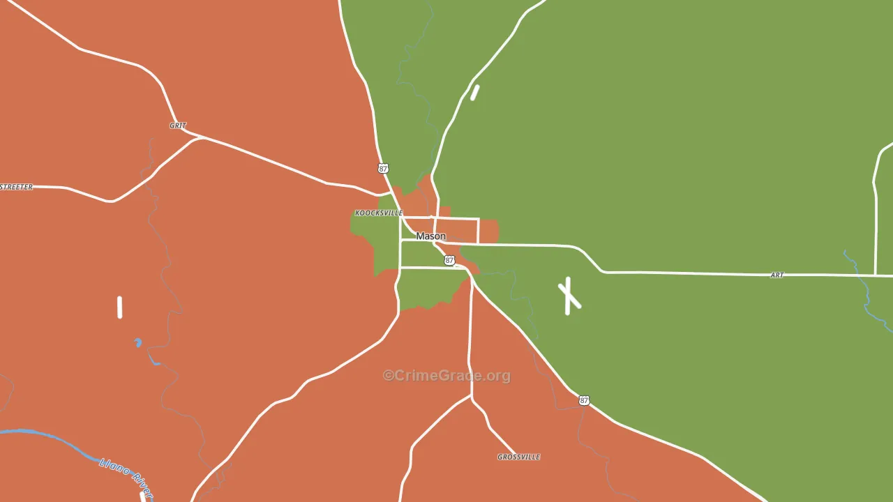Mason, TX Map of Robbery Rates