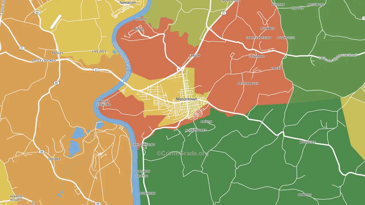 Masontown, PA Map of Robbery Rates