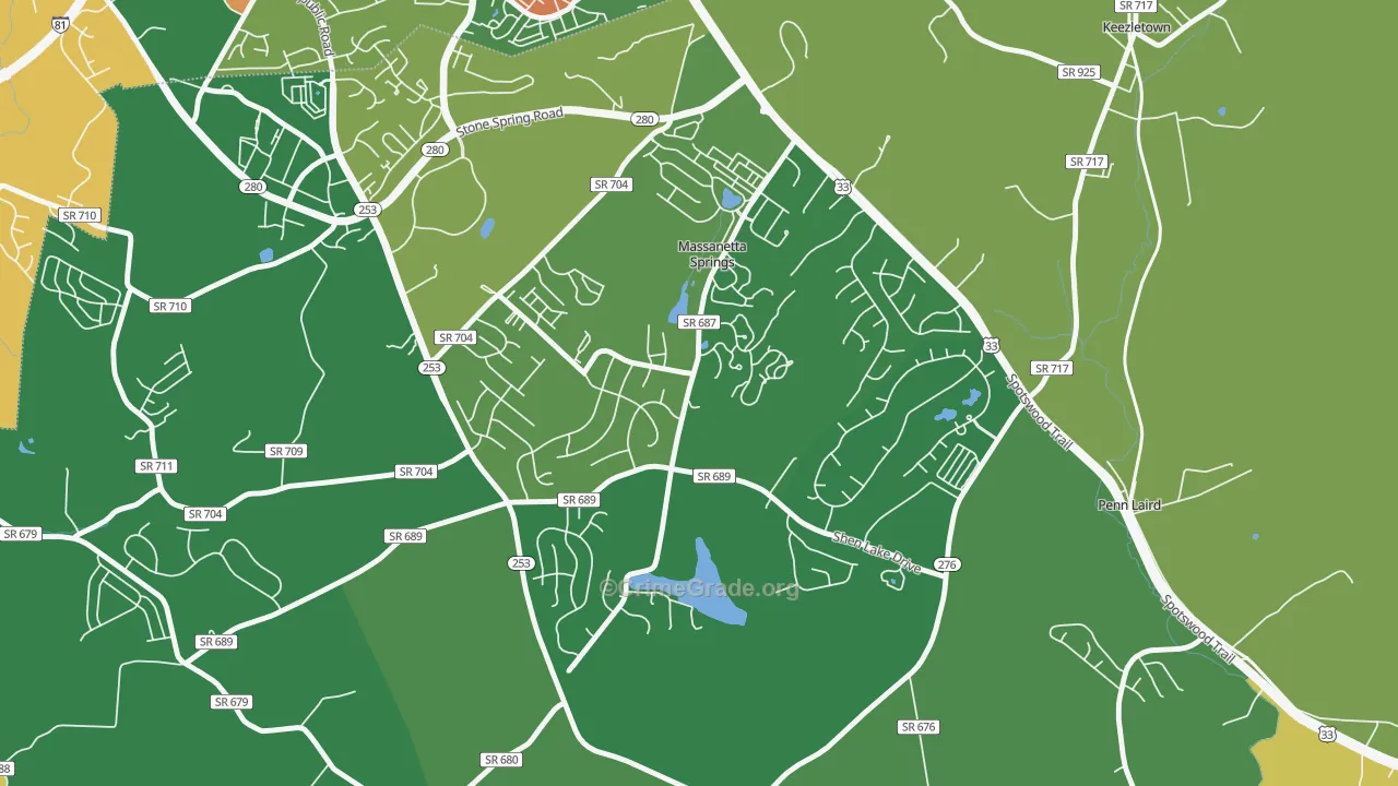 Massanetta Springs, VA Map of Robbery Rates