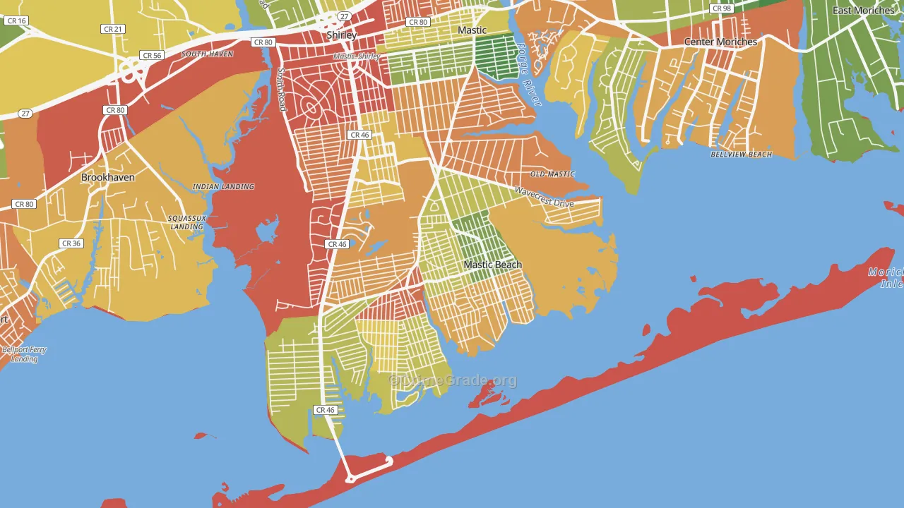 Mastic Beach, NY Map of Robbery Rates