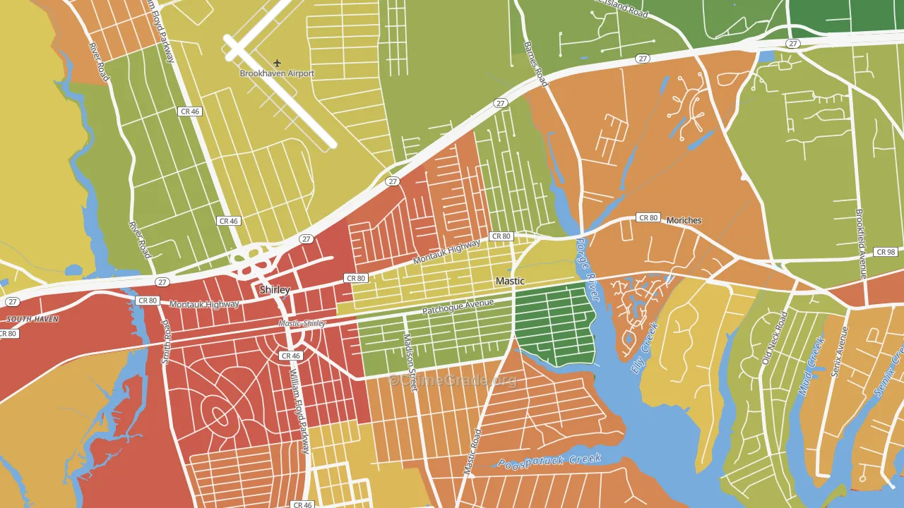 Mastic, NY Map of Robbery Rates