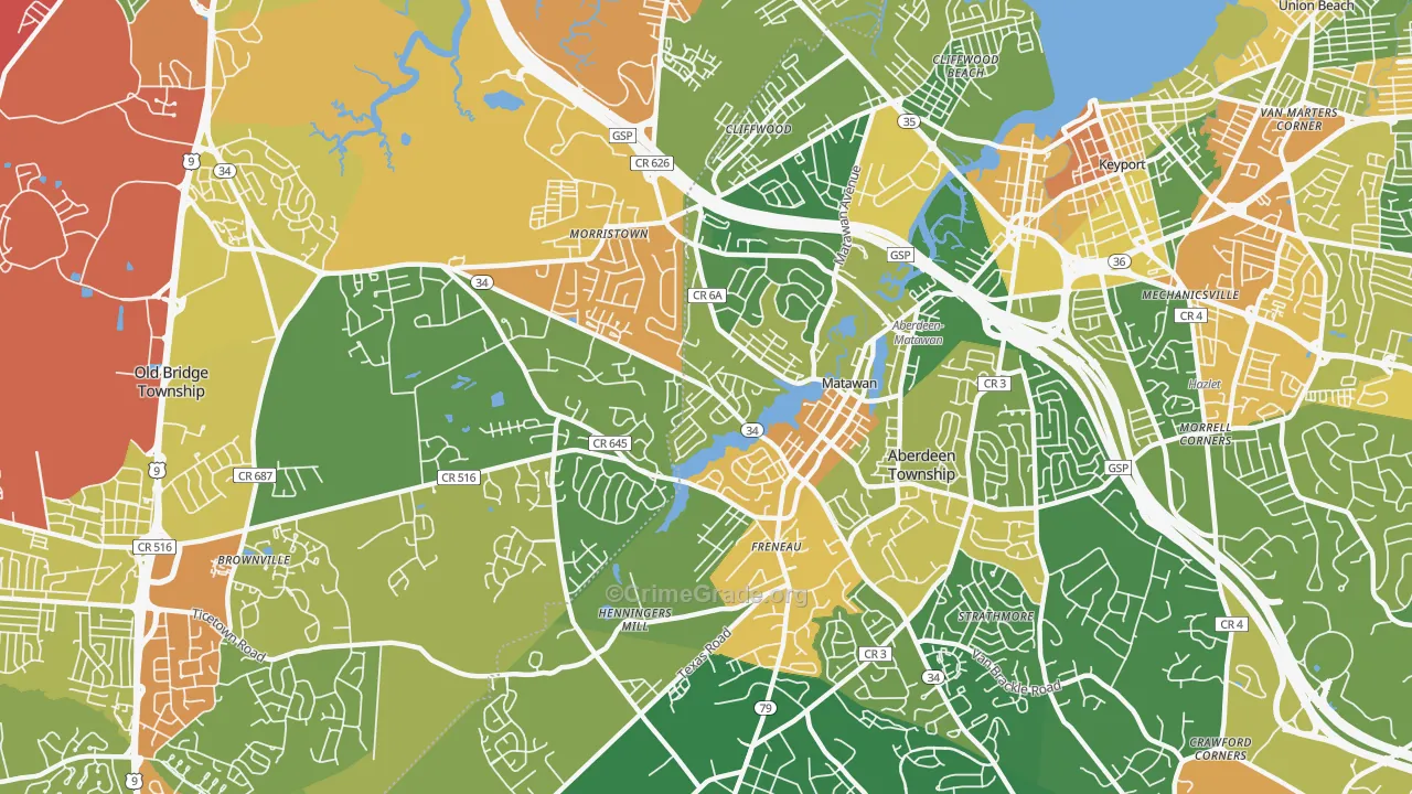 Matawan, NJ Map of Robbery Rates