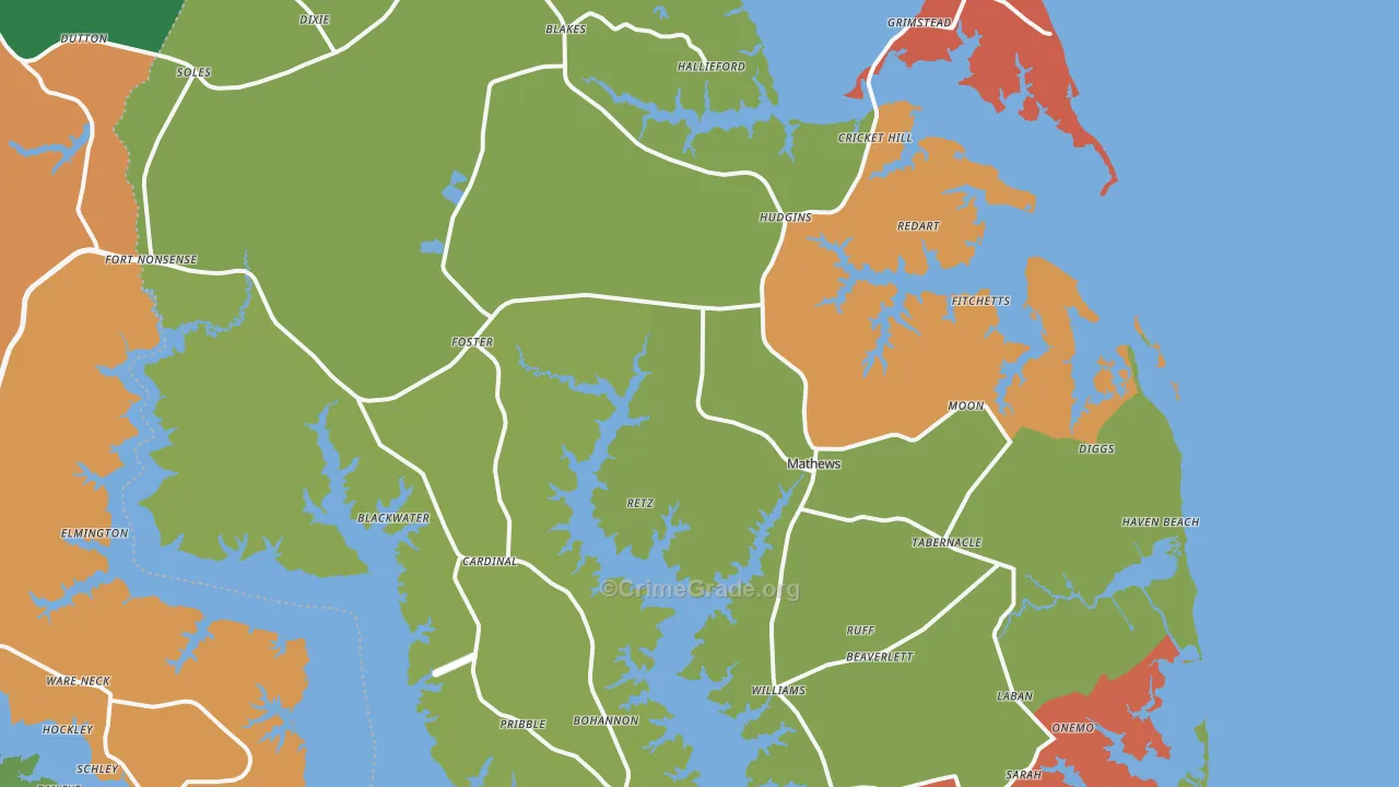 Mathews County, VA Map of Robbery Rates
