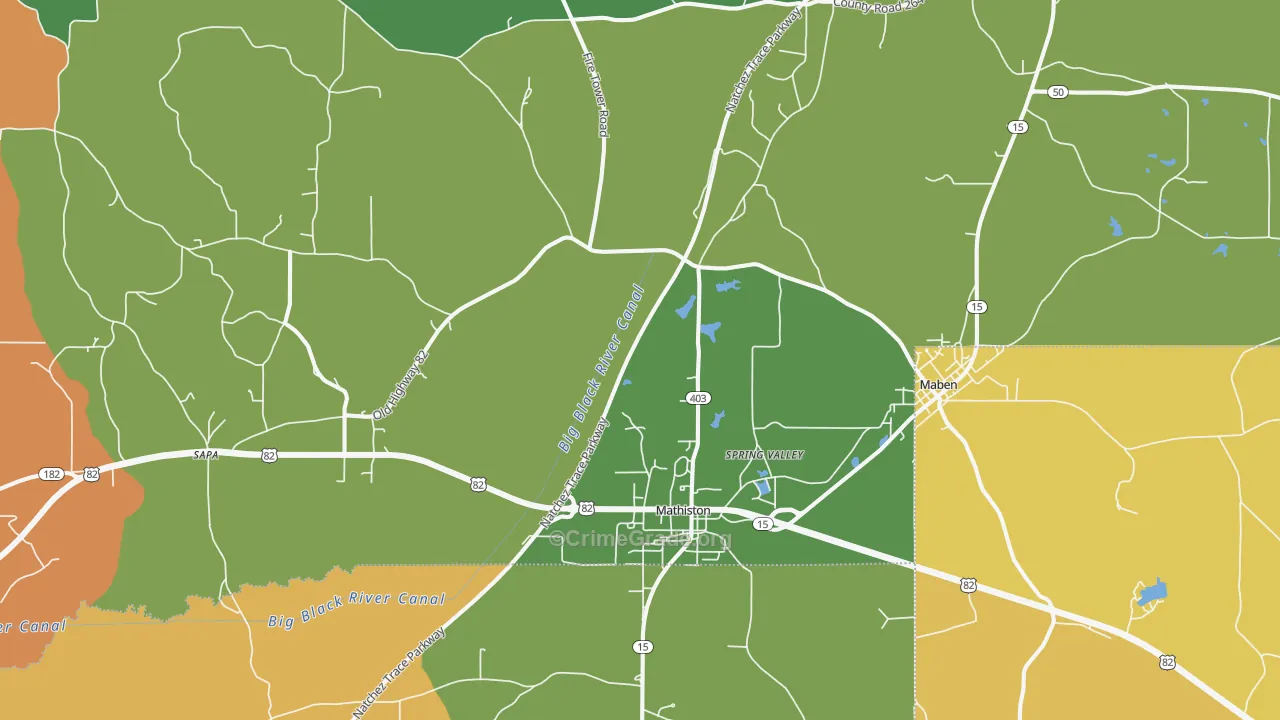 Mathiston, MS Map of Robbery Rates