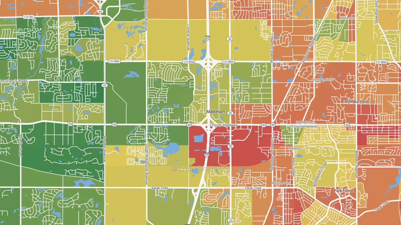 Matteson, IL Map of Robbery Rates
