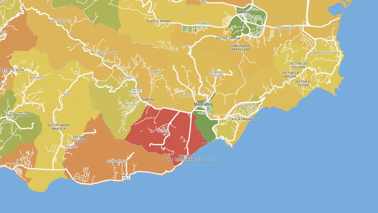 Maunabo, PR Map of Robbery Rates