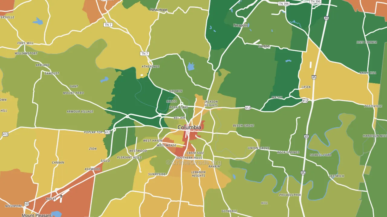 Maury County, TN Map of Robbery Rates
