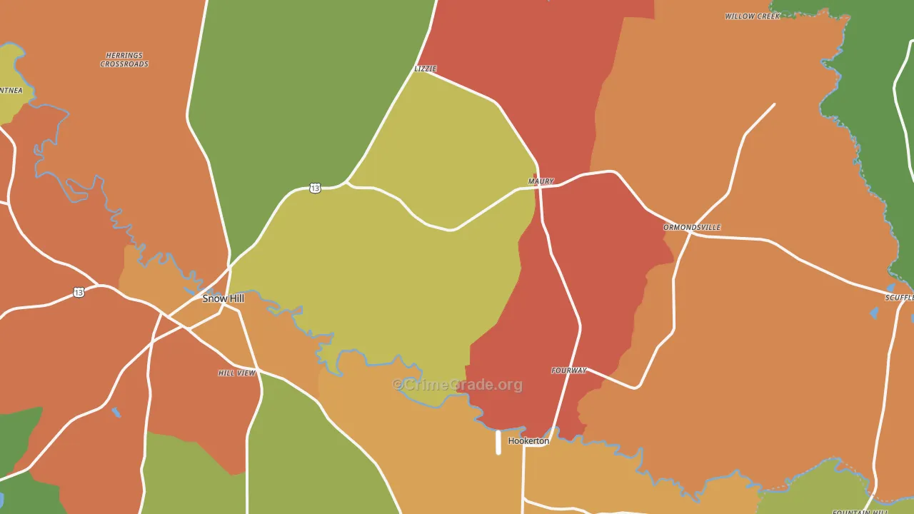 Maury, NC Map of Robbery Rates