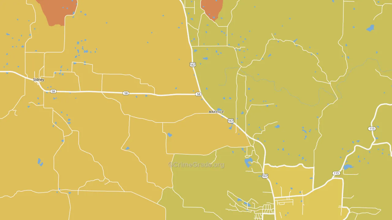 Maxville, AR Map of Robbery Rates