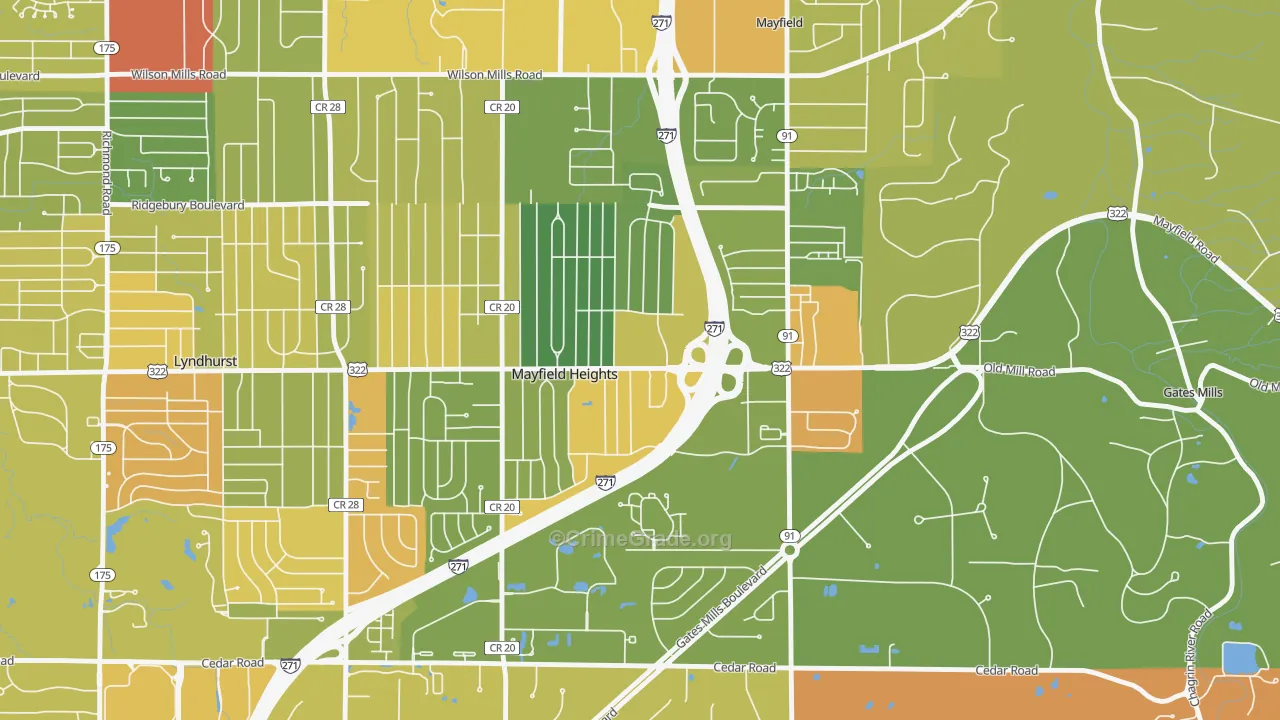 Mayfield Heights, OH Map of Robbery Rates