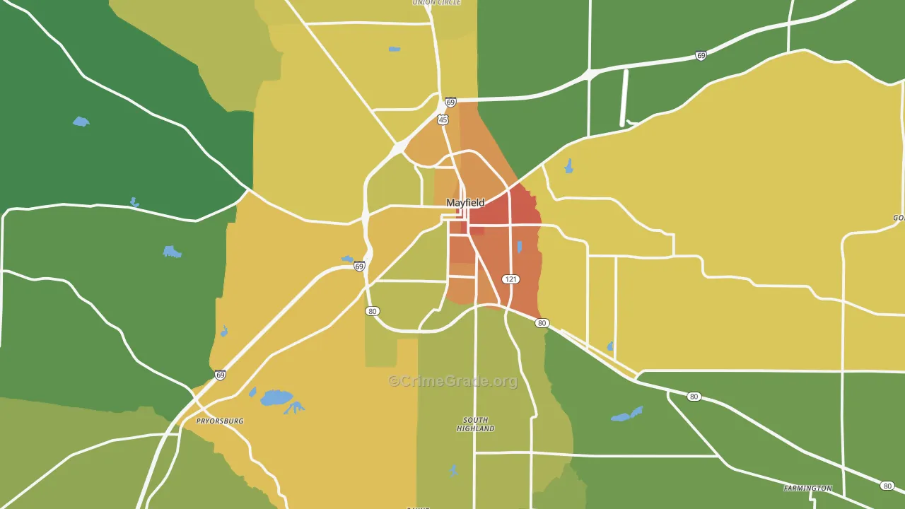Mayfield, KY Map of Robbery Rates