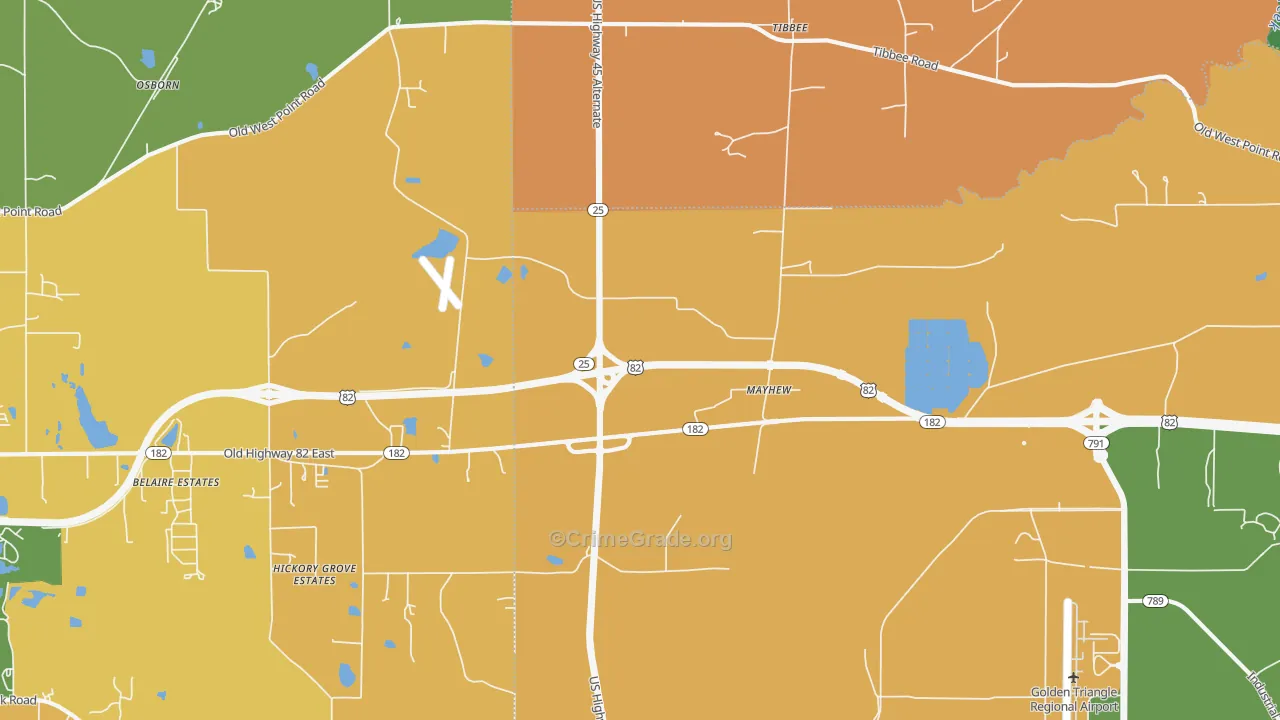Mayhew, MS Map of Robbery Rates
