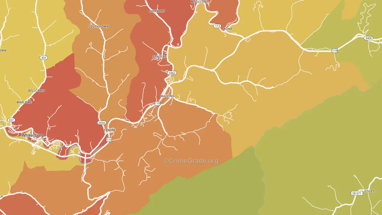 Mayking, KY Map of Robbery Rates