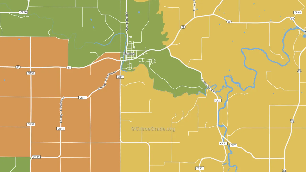 Mazeppa, MN Map of Robbery Rates