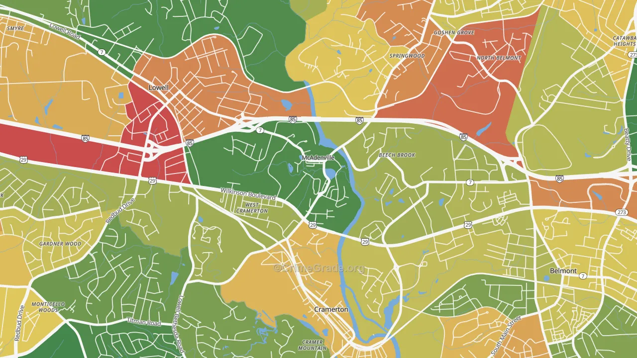 McAdenville, NC Map of Robbery Rates