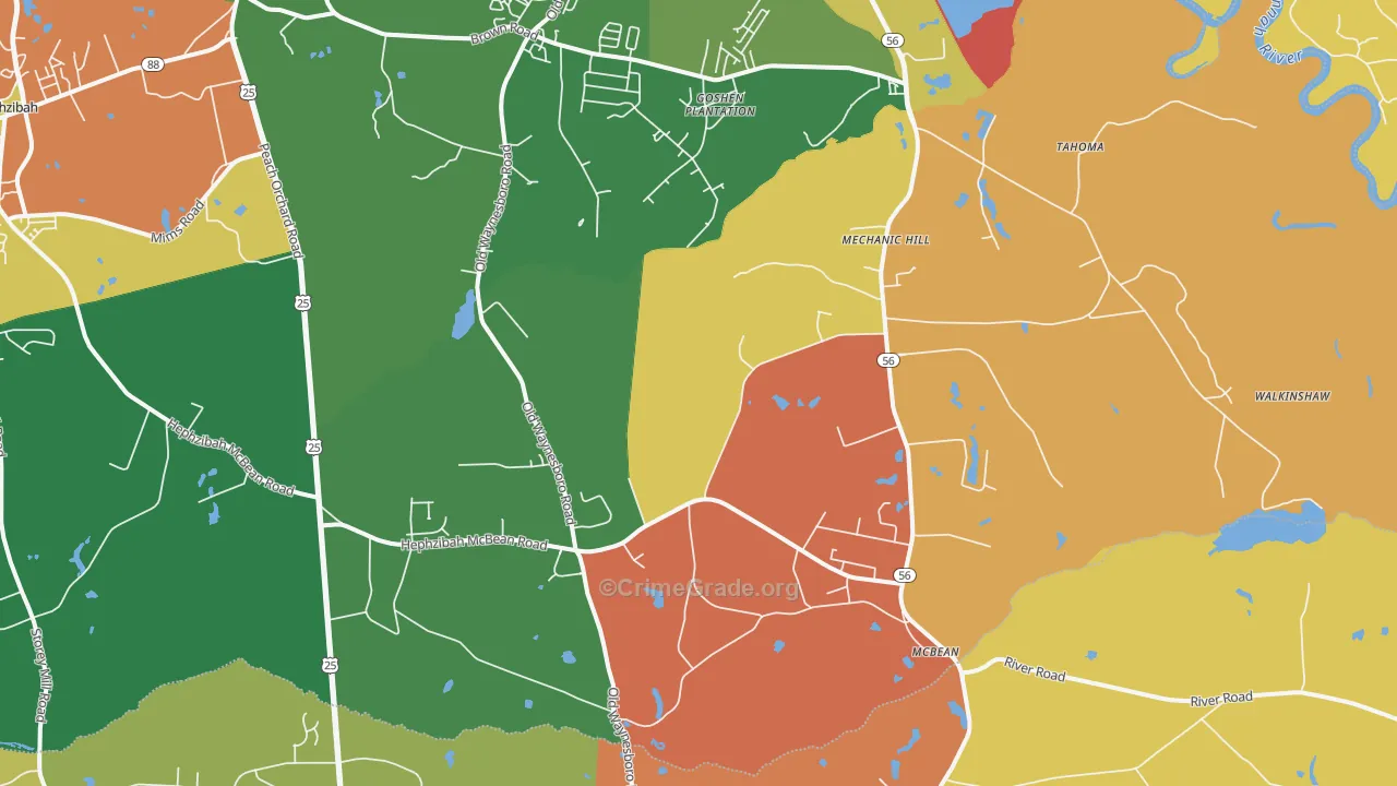 Mcbean, Hephzibah, GA Map of Robbery Rates