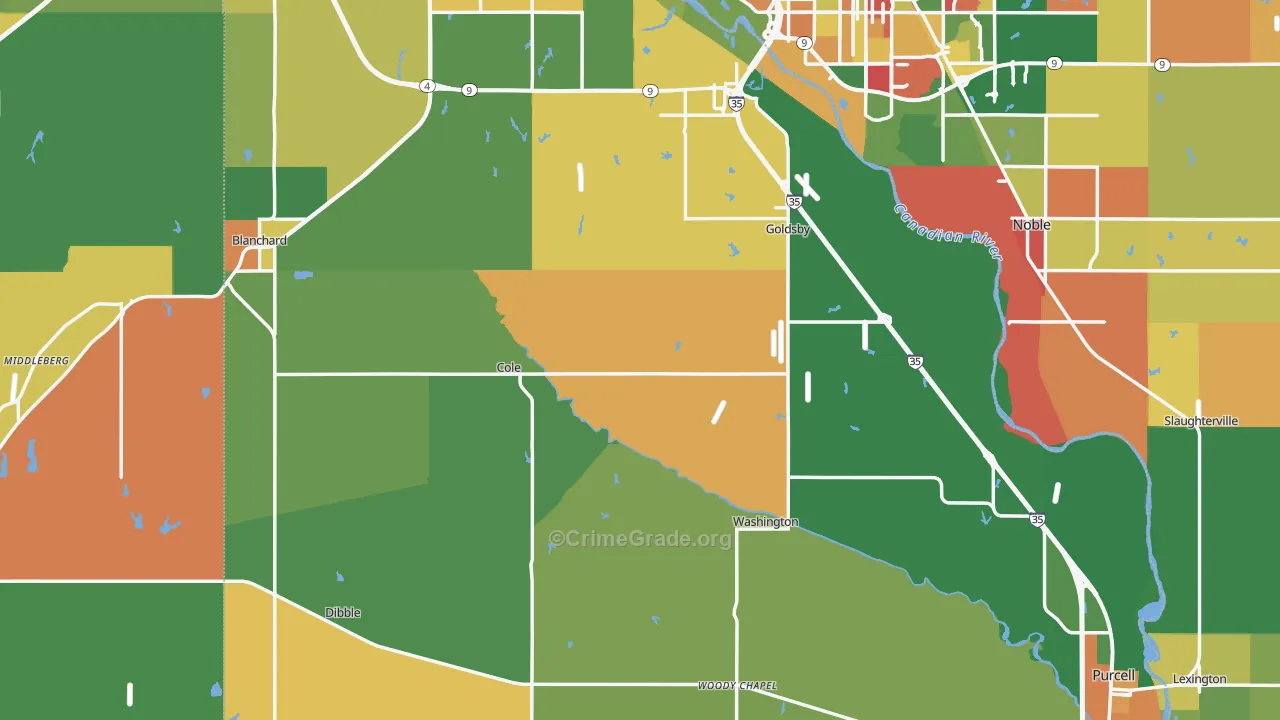 McClain County, OK Map of Robbery Rates