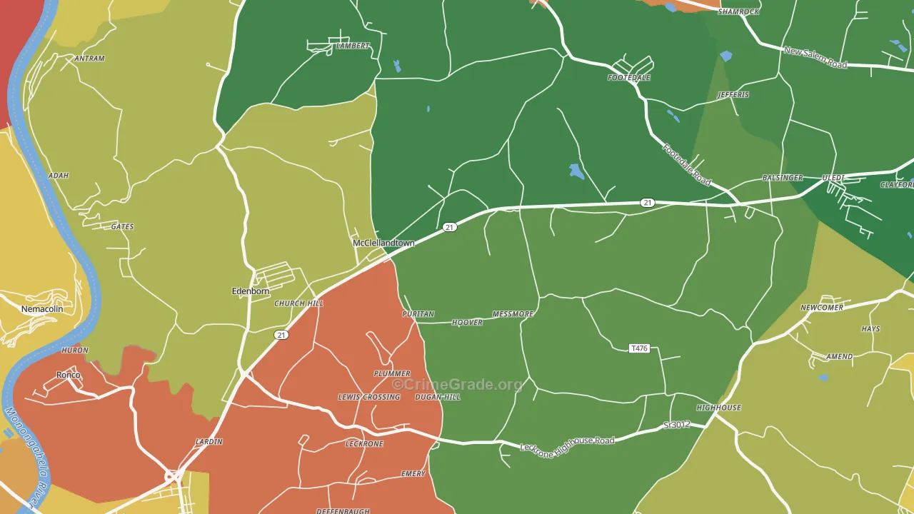 McClellandtown, PA Map of Robbery Rates