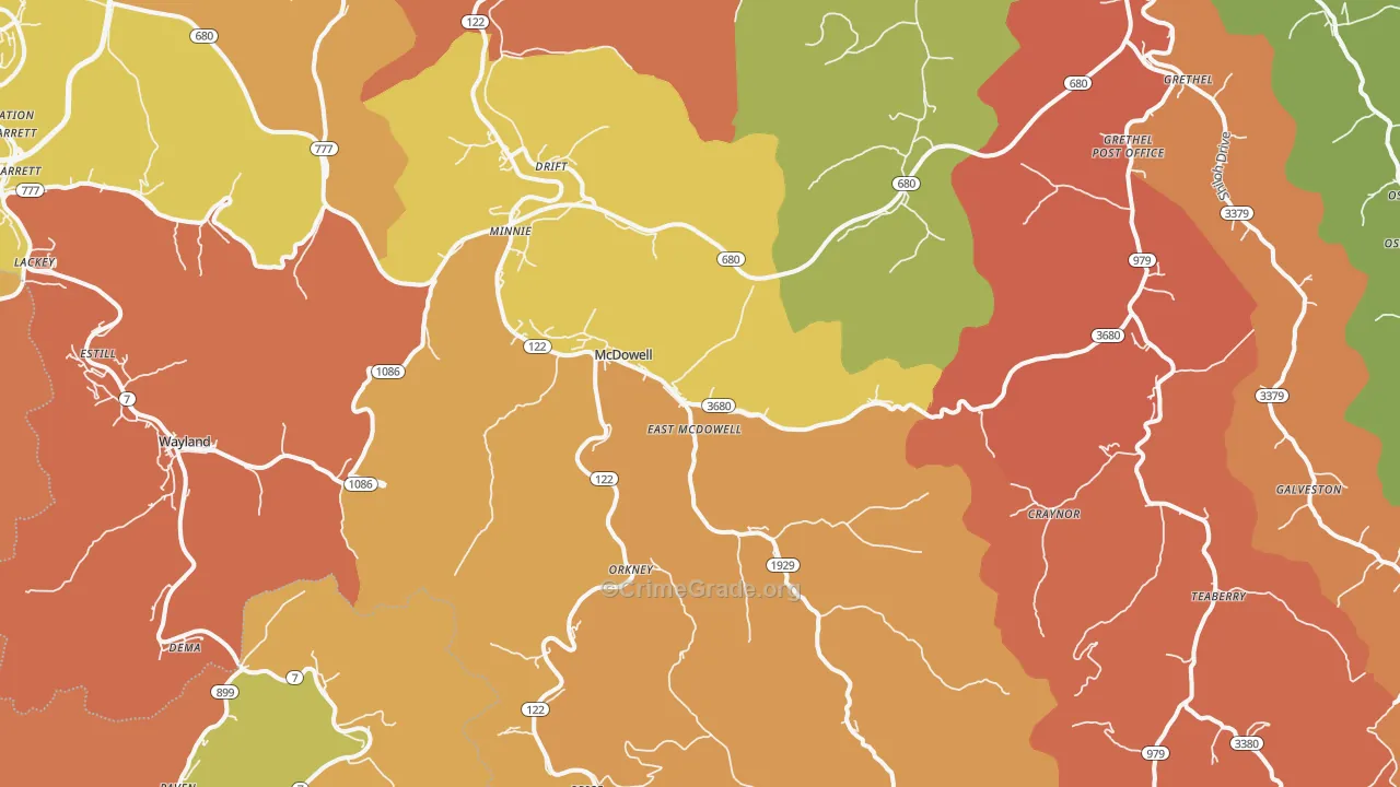 McDowell, KY Map of Robbery Rates