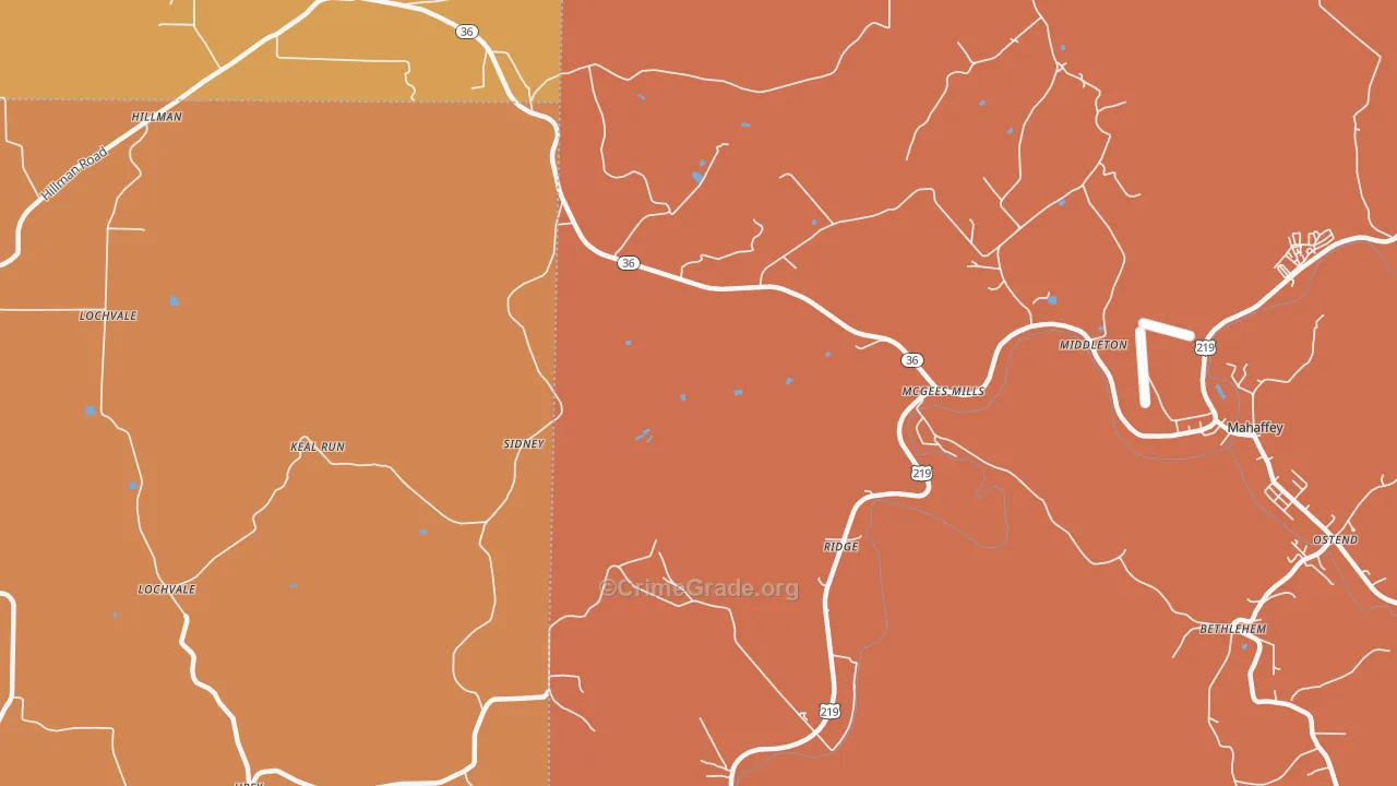 McGees Mills, PA Map of Robbery Rates