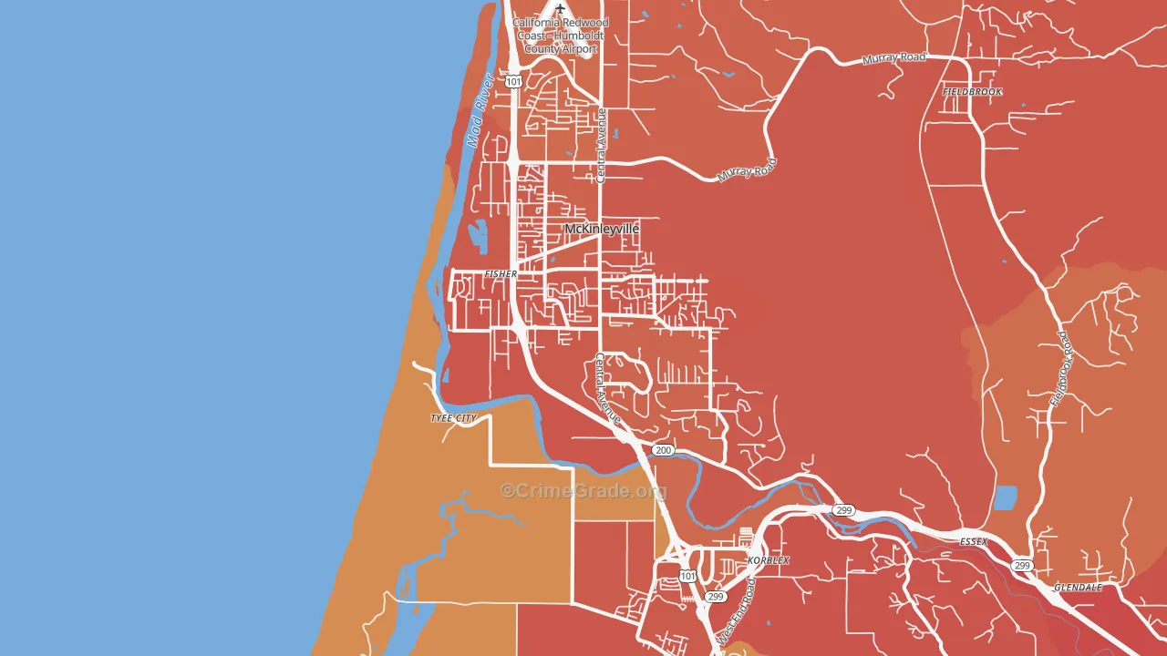 Mckinleyville, CA Map of Robbery Rates