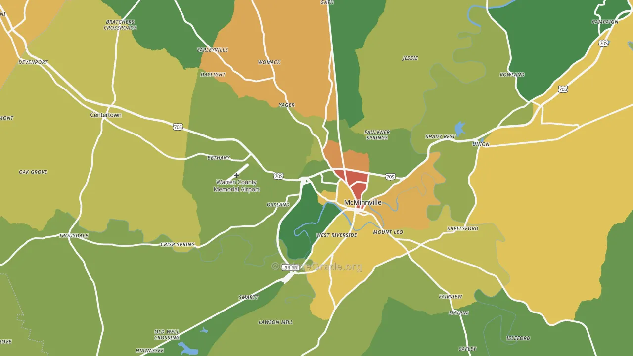 McMinnville, TN Map of Robbery Rates