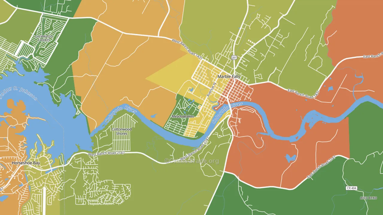 Meadowlakes, TX Map of Robbery Rates