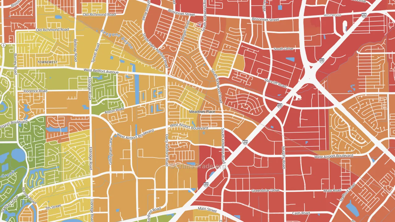 Meadows Place, TX Map of Robbery Rates