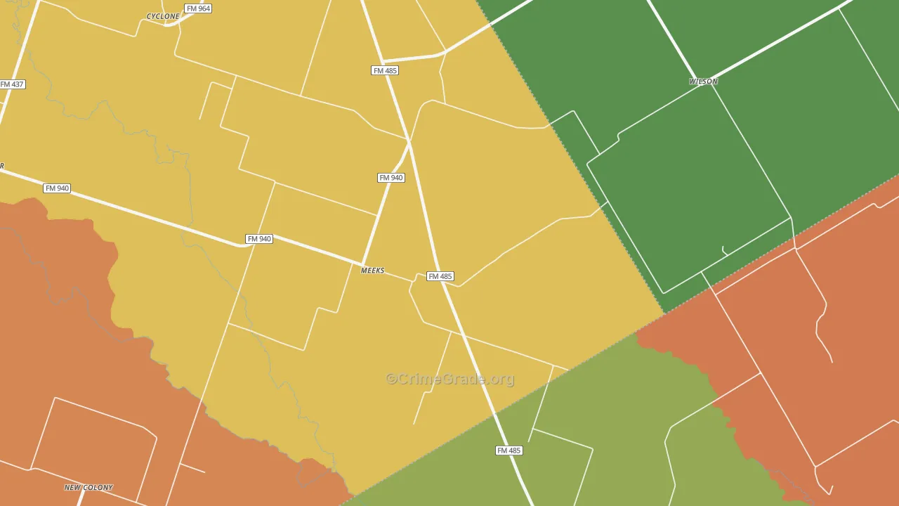 Meeks, TX Map of Robbery Rates